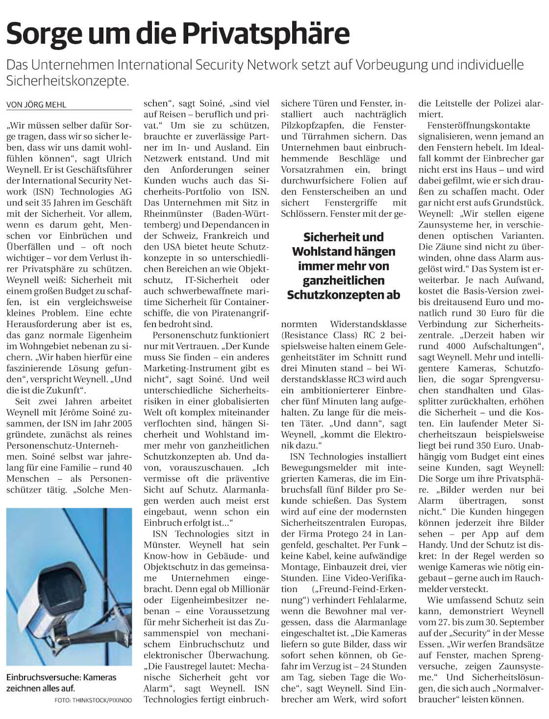 Artikel in der Rheinische Post "Sorge um die Privatsphäre" von Jörg Mehl